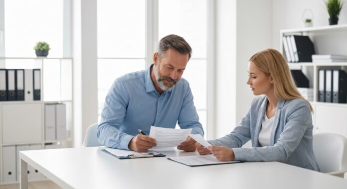 Deux personnes comparant des contrats d'assurance auto sur une table