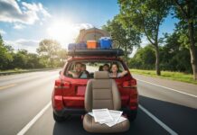 Assurance auto pour road trip d’été : ce qu’il faut vérifier avant de partir Voiture familiale chargée prête à partir en road trip estival, illustration assurance auto