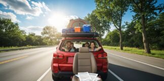 Assurance auto pour road trip d’été : ce qu’il faut vérifier avant de partir Voiture familiale chargée prête à partir en road trip estival, illustration assurance auto