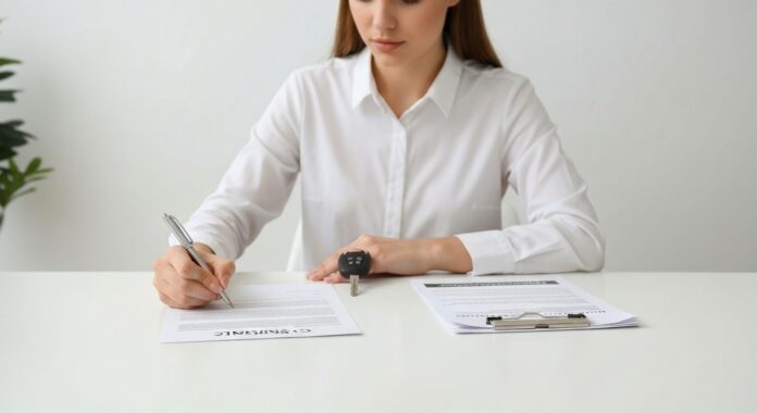 Signature d un document de résiliation d assurance auto avec les clés de voiture sur un bureau