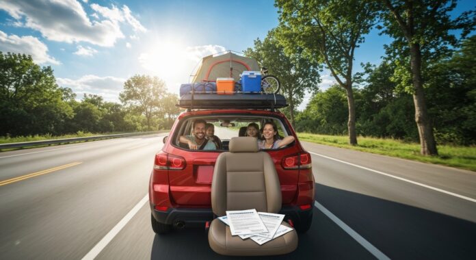 Voiture familiale chargée prête à partir en road trip estival, illustration assurance auto