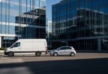 Assurance auto usage professionnel : quand et pourquoi le déclarer Camionnette utilitaire et voiture particulière stationnées devant un immeuble de bureaux