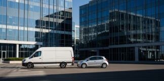 Assurance auto usage professionnel : quand et pourquoi le déclarer Camionnette utilitaire et voiture particulière stationnées devant un immeuble de bureaux