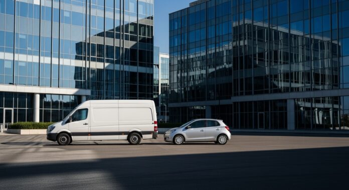 Camionnette utilitaire et voiture particulière stationnées devant un immeuble de bureaux