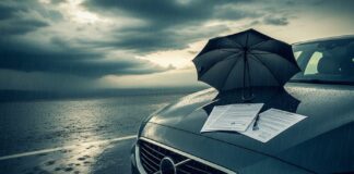 Garantie catastrophes naturelles auto : ce qu’elle couvre vraiment Voiture garée sous un ciel orageux avec des documents d assurance sur le capot, illustration de la garantie catastrophes naturelles auto
