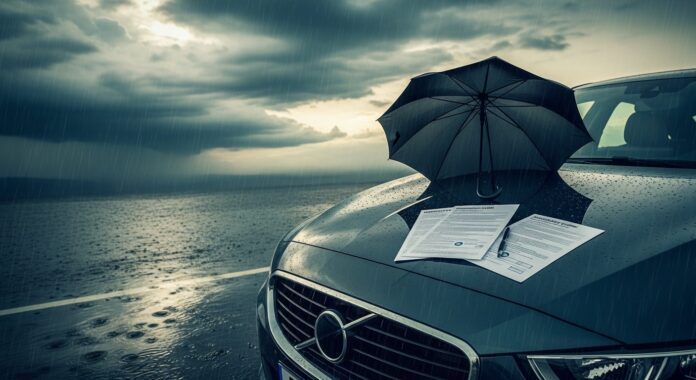 Garantie catastrophes naturelles auto Voiture garée sous un ciel orageux avec des documents d assurance sur le capot, illustration de la garantie catastrophes naturelles auto
