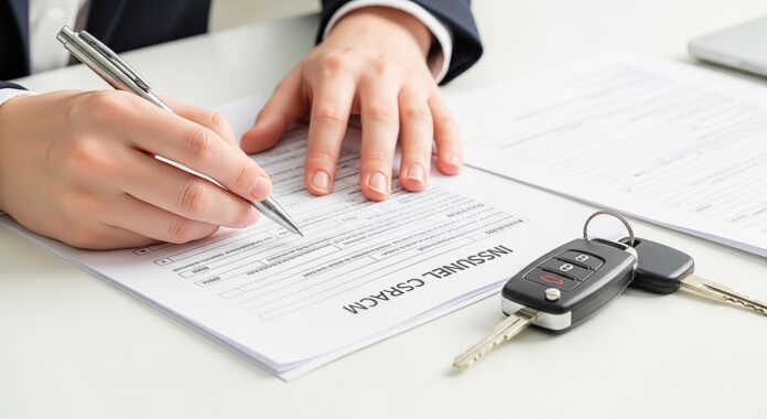 Formulaire de déclaration de sinistre auto rempli sur un bureau, clés de voiture à côté