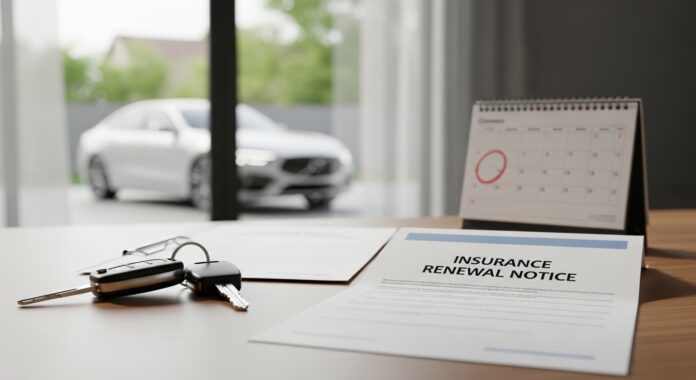 Avis d'échéance et calendrier de renouvellement d'assurance auto sur un bureau