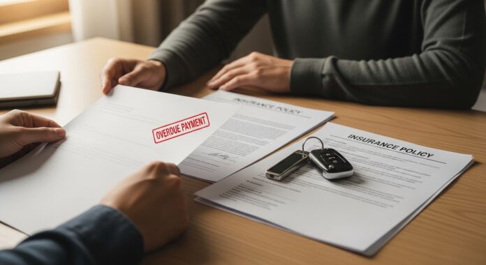Personne consultant une lettre de mise en demeure pour impaye de prime assurance auto avec cles de voiture et documents