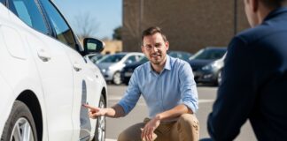Réduire le délai d’indemnisation après un sinistre auto Expert automobile inspectant les dommages d'un véhicule lors d'une expertise après sinistre