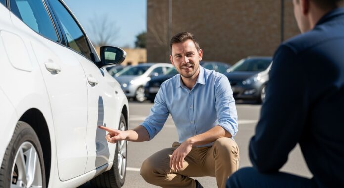 Expert automobile inspectant les dommages d'un véhicule lors d'une expertise après sinistre