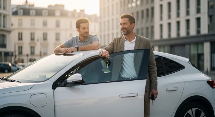 Assurtech vs assureur auto traditionnel Conducteur récupérant les clés de son véhicule après souscription à une assurance auto