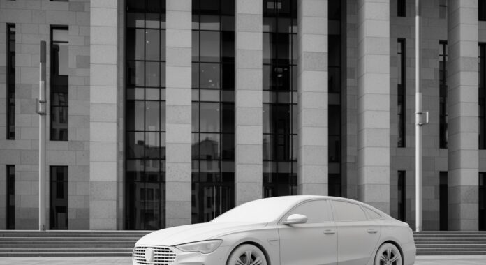 Comment vérifier la solidité financière de son assureur auto Voiture garée devant un bâtiment moderne en pierre et verre, symbole de solidité financière