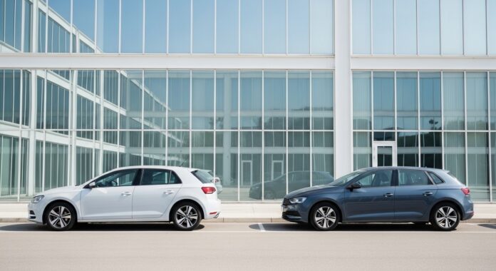 Deux voitures garées devant un immeuble de bureaux vitré, illustrant la continuité de couverture lors d un transfert de contrat d assurance auto