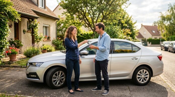 Une femme remet les clés de sa voiture à un homme devant leur domicile