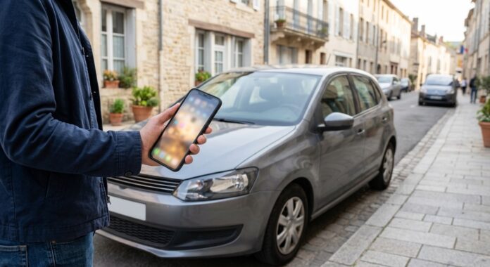 Conducteur consultant une application mobile pour gérer son assurance auto sans engagement