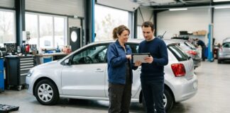 Garantie protection juridique auto : ce qu’elle couvre au-delà du recours pénal Client et professionnel discutant d'un litige automobile avec une tablette dans un garage