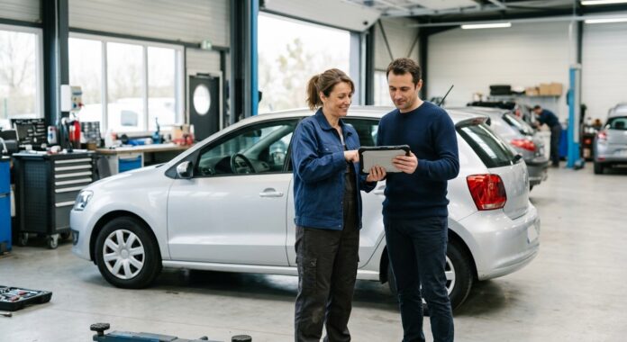 Client et professionnel discutant d'un litige automobile avec une tablette dans un garage