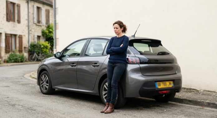 Conductrice pensive à côté de sa voiture, symbole des conséquences du fichier AGIRA après une résiliation auto