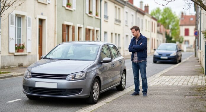 Résiliation assurance auto pour risque aggravé Conducteur inquiet observant sa voiture garée dans une rue résidentielle après une résiliation pour risque aggravé
