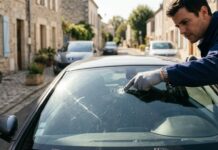 Garantie bris de glace : franchise, réparation sans expertise et limites Technicien inspectant une fissure sur un pare-brise, illustration de la garantie bris de glace assurance auto