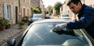Garantie bris de glace : franchise, réparation sans expertise et limites Technicien inspectant une fissure sur un pare-brise, illustration de la garantie bris de glace assurance auto