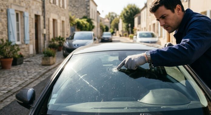 Technicien inspectant une fissure sur un pare-brise, illustration de la garantie bris de glace assurance auto