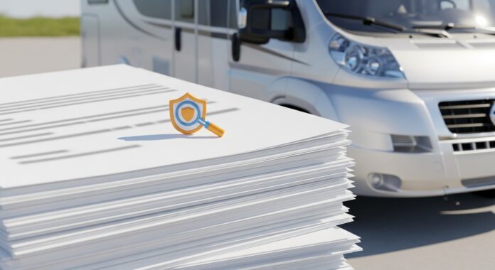 Assurance auto camping-car Camping-car et dossier d'assurance auto, illustration assurance véhicule de loisirs