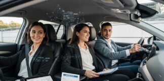 Assurance auto et covoiturage : ce que couvre vraiment votre contrat Deux personnes en covoiturage dans une voiture moderne, illustration assurance auto
