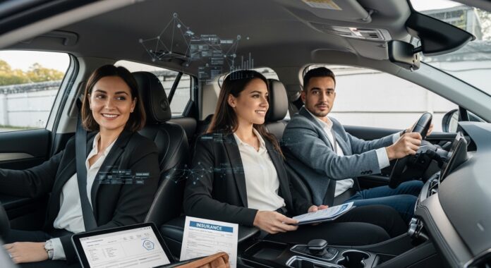 Deux personnes en covoiturage dans une voiture moderne, illustration assurance auto