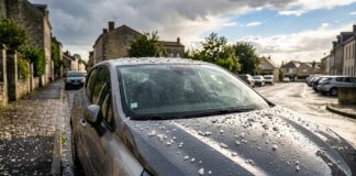 Garantie tempête et grêle en assurance auto : ce qui est réellement couvert Grêlons sur le capot et le pare-brise d une voiture garée après un orage de grêle