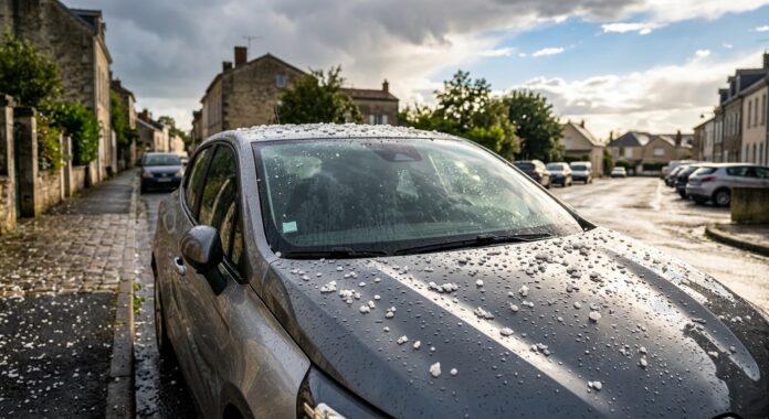 Voiture couverte de grêlons après un orage Grêlons sur le capot et le pare-brise d une voiture garée après un orage de grêle