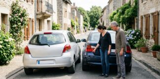 Éviter la surprime après un sinistre : les leviers légaux Deux conducteurs constatant les dégâts après un accrochage sur une route de village