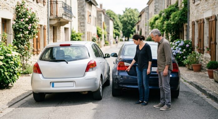 Deux conducteurs constatant les dégâts après un accrochage sur une route de village