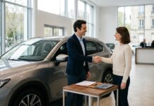 Assurance auto affinitaire (concessionnaire, banque) : avantages et limites Vendeur et client se serrant la main dans un showroom automobile après signature