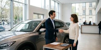 Assurance auto affinitaire (concessionnaire, banque) : avantages et limites Vendeur et client se serrant la main dans un showroom automobile après signature