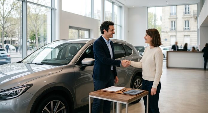 Vendeur et client se serrant la main dans un showroom automobile après signature
