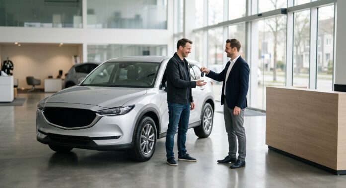 Remise des clés d'une voiture en concession, illustration de l'assurance auto en LOA/LLD