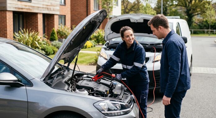 Dépannage assistance 0 km assurance auto à domicile, câble de démarrage sur une batterie