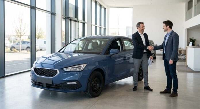 Client et conseiller se serrant la main devant une voiture dans un showroom automobile