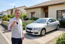 Résilier après une hausse de prime en cours de contrat : les cas où c’est possible Automobiliste souriant tenant les clés de sa voiture garée devant sa maison, illustrant un changement de contrat d'assurance auto