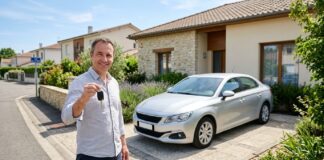 Résilier après une hausse de prime en cours de contrat : les cas où c’est possible Automobiliste souriant tenant les clés de sa voiture garée devant sa maison, illustrant un changement de contrat d'assurance auto