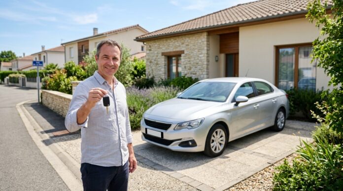 Automobiliste tenant les clés de sa voiture devant son domicile Automobiliste souriant tenant les clés de sa voiture garée devant sa maison, illustrant un changement de contrat d'assurance auto