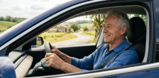 Assurance auto tous risques senior : ce qui change après 70 ans Conducteur senior souriant conduisant sa voiture sur une route de campagne en France
