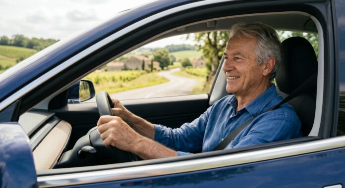 Conducteur senior au volant sur une route de campagne Conducteur senior souriant conduisant sa voiture sur une route de campagne en France