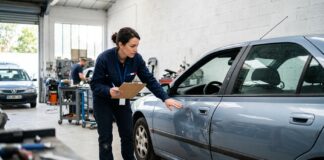 Contester une expertise auto après un accident : la marche à suivre Expert automobile examinant les dommages sur la carrosserie d une voiture après un accident, pour une expertise assurance auto