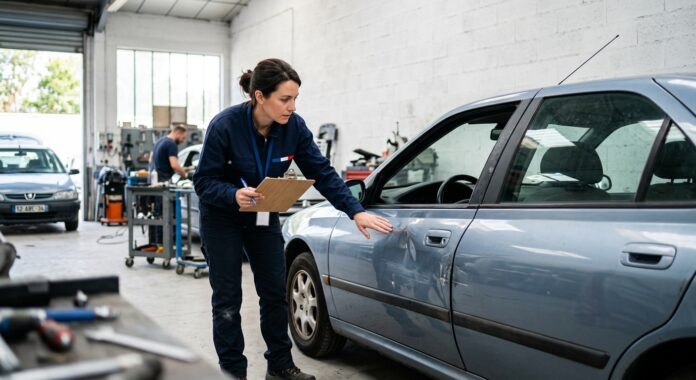 Expert automobile examinant les dommages sur la carrosserie d une voiture après un accident, pour une expertise assurance auto
