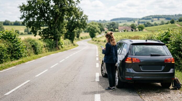 Conductrice attendant une assistance routière sur une route de campagne française, à côté de sa voiture en panne