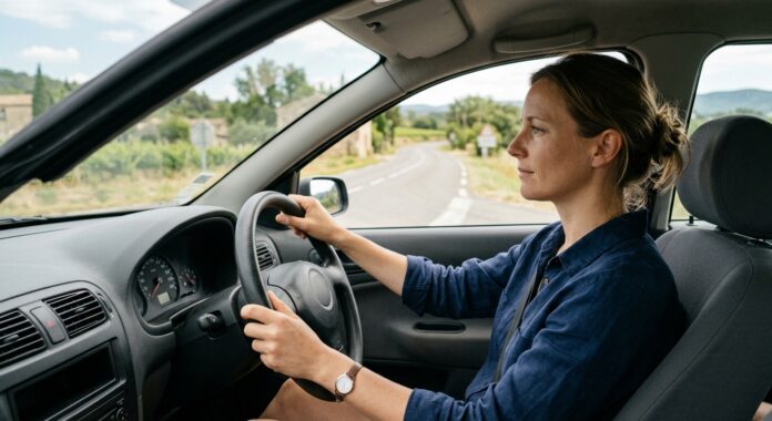 Conductrice au volant, mains sur le volant, illustration de la garantie individuelle conducteur en assurance auto