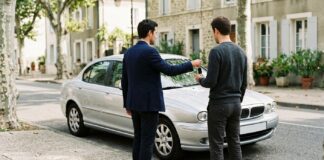 Résilier son assurance auto suite à la vente du véhicule : démarches et remboursement Vendeur remettant les clés de sa voiture à l'acheteur lors de la cession du véhicule